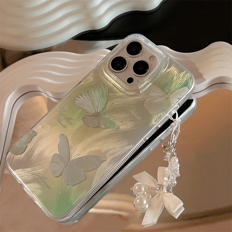 Capa de telefone de halo verde pena gaze tingida borboleta capa simplicidade capa traseira laser para iphone 15, 14, 13 Pro Max, arte