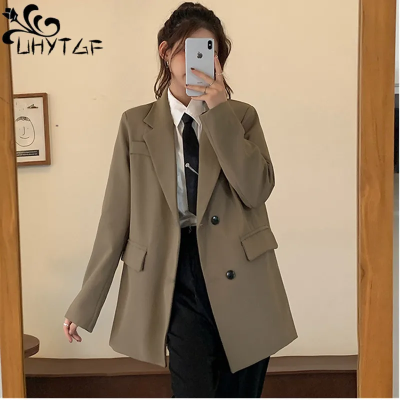 

UHYTGF Spring Autumn Blazer Woman's 2023 Solid Color Button Cardigan Korean Female Coat High-End Casual Suit Jacket Ladies 2169