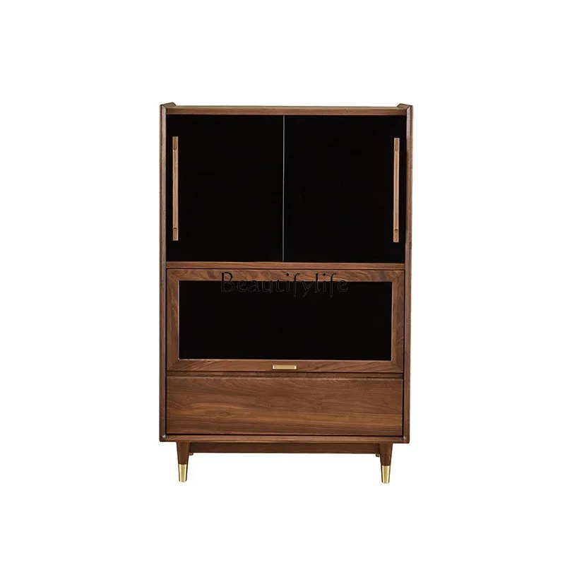 

Nordic solid wood wine cabinet, black walnut glass door, light luxury display, side storage cabinet