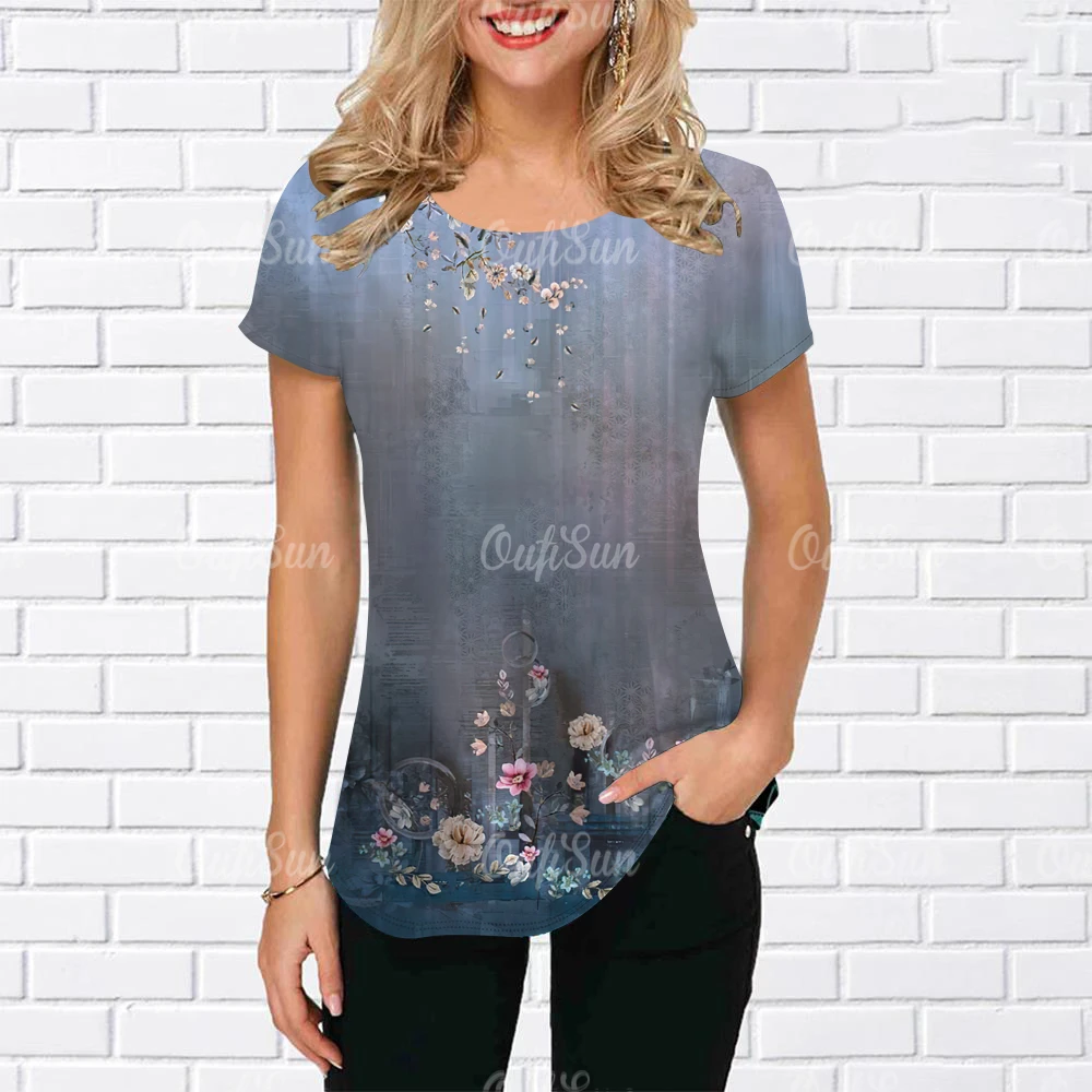 T-shirt à imprimé floral Y2K pour femmes, style Harajuku, vêtements pour dames, col rond, manches courtes, chemisier décontracté, été