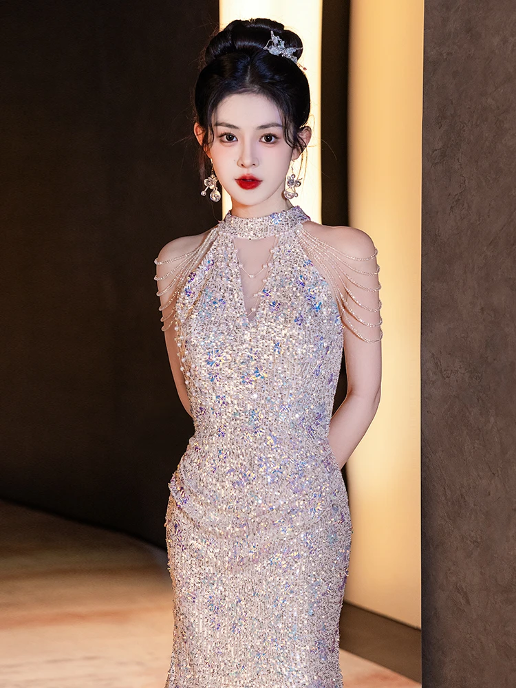 Ele Abito da sera da donna Nuovo 2025 di fascia alta di lusso Fi Tail Paillettes Anno di fine Par Coreano Sle Cerniera Bal Lungo...