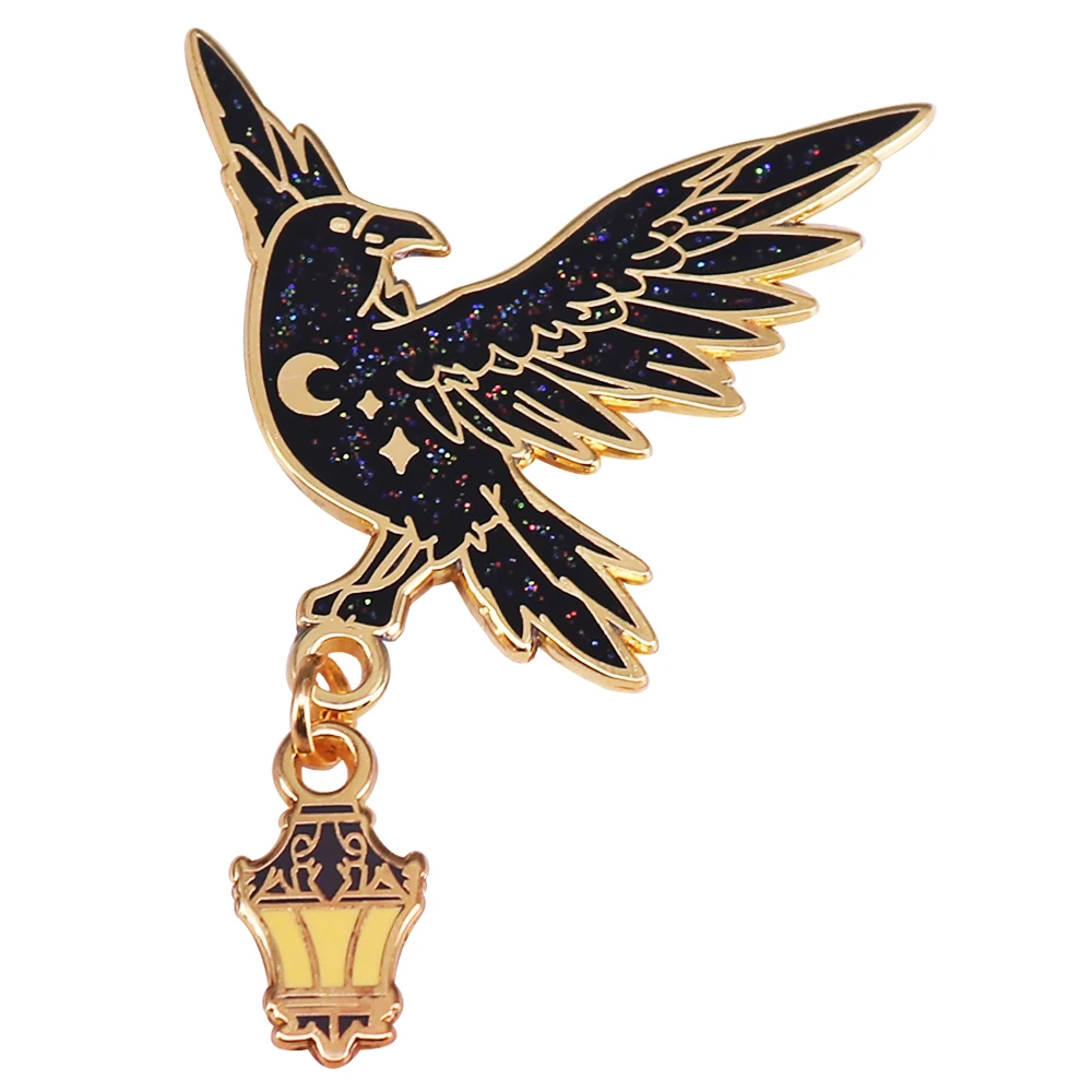 Raven and Lantern Glitter Enamel Pin Starry Crow Badge Black Bird Brooch Fantasy Jewelry Decoration