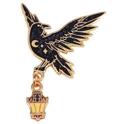 Raven and Lantern Glitter Enamel Pin Starry Crow Badge Black Bird Brooch Fantasy Jewelry Decoration