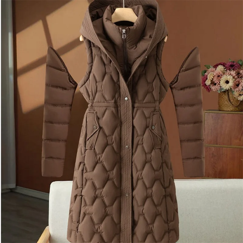 Parka longue d'hiver pour femme, veste rembourrée en coton, manteaux à manches détachables, pardessus épais et chaud, vêtements d'extérieur à capuche