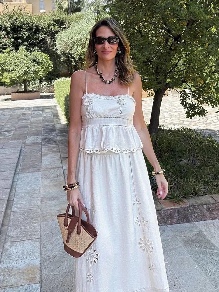 

Ruffles Hollow Out Embroidery Cotton Dress Set Women's New in Summer Two Pieces Set Top Skirt Outfits Matching Set Suit