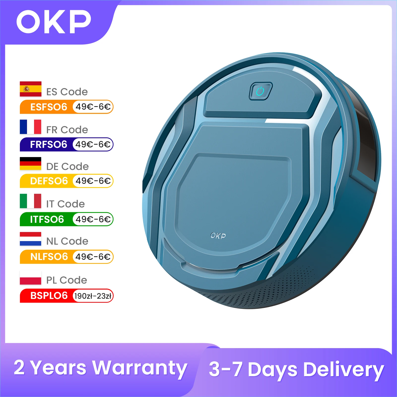 Aspirateur robot OKP K2P, 3000 Pa, 6 modes de nettoyage, charge automatique intelligente, WiFi/application/télécommande, idéal pour les poils d'animaux, les tapis