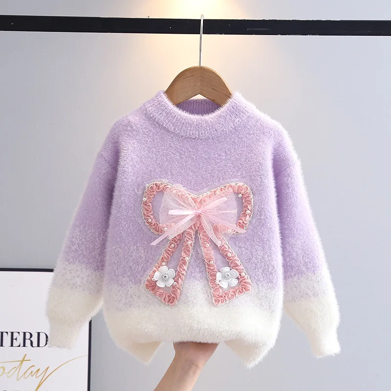 autumn winter teen girls sweater thickened faux mink fur children knitted sweater junior kids 3D bow tie Warm base top clothes