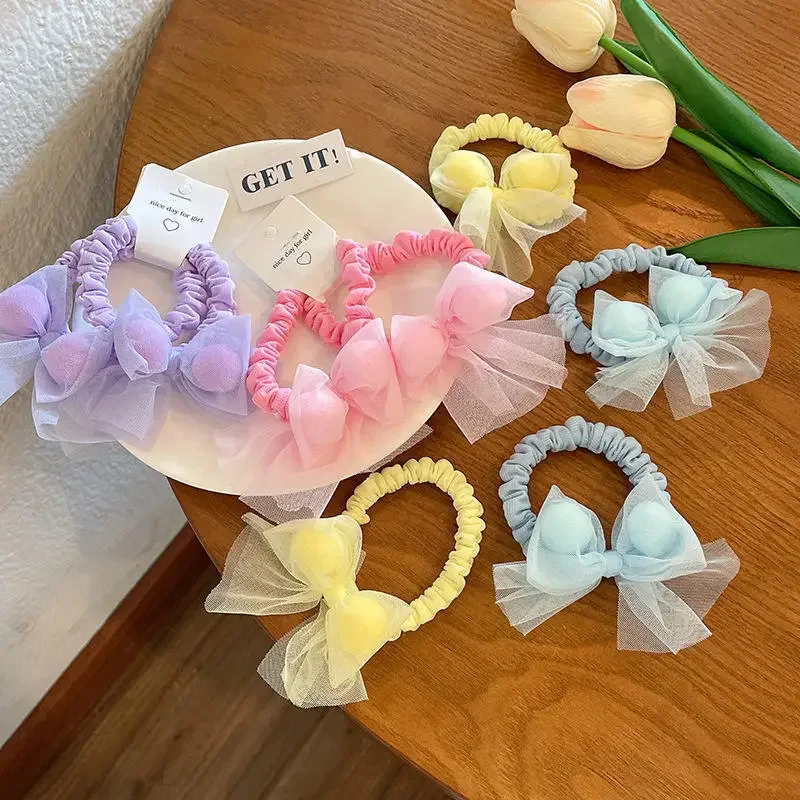 Fashion Design A Pair Elastic Hair Ties Colorful Sweet Ribbon Bow Hair Accessories For Kids Rubber Rope Scrunchy Braiding Tools