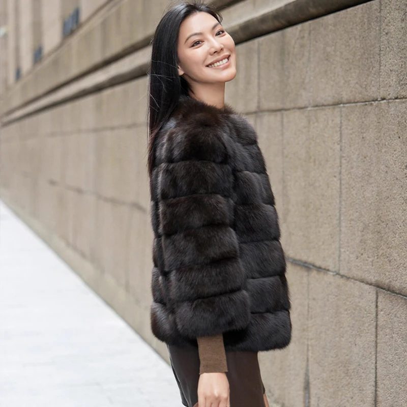 เสื้อโค้ทขนสัตว์เซเบิลรัสเซียนำเข้าฤดูหนาว คอทรงโอ แขนยาว สั้น สีธรรมชาติ สำหรับผู้หญิง ทำจากขนสัตว์เซเบิลแท้