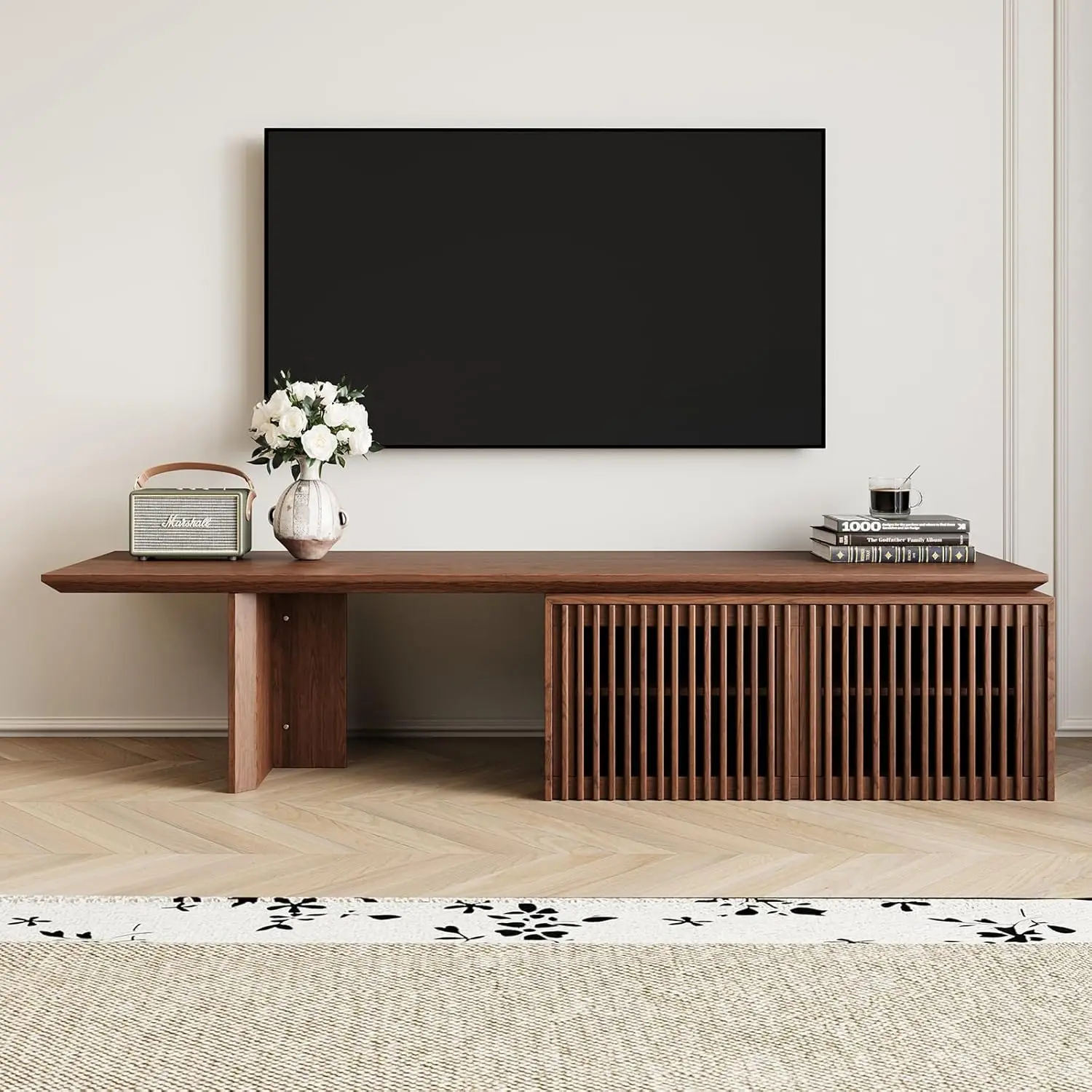 Soporte, centro de entretenimiento con almacenamiento, consola multimedia de TV extensible para televisores de hasta 55+ pulgadas, mueble de TV minimalista para Living Ro