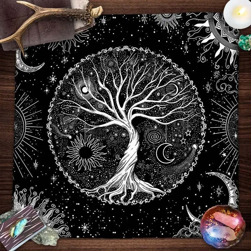 Tarot Altar Cloth Black White Line Art Tree of Life Moon Star Mat for Tarot Reading Wicca Spiritual Astrology Decor