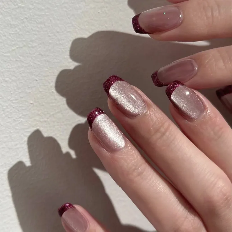 

24Pcs Red Short French Press-On Nails with Cat's Eye Design Chic Elegant Look Full Cover False Nail Tips for Women&Girls Wear