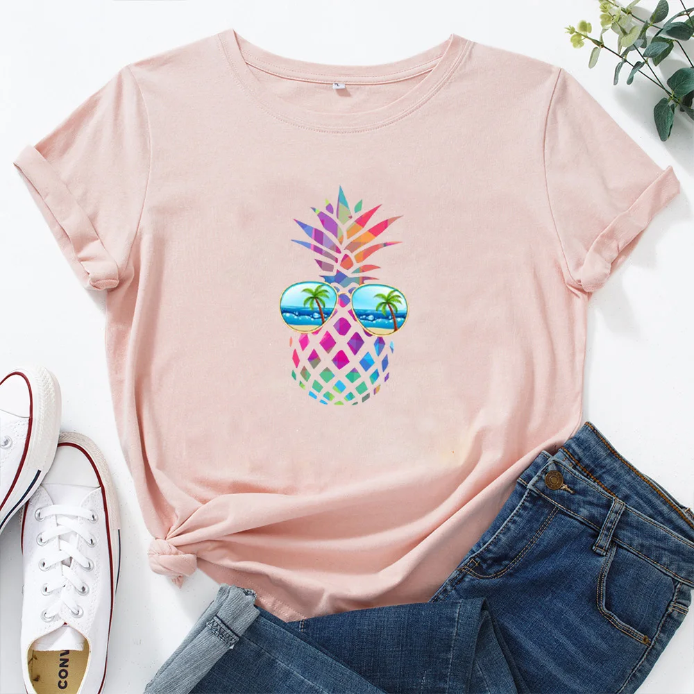 Womens Clothing Tops T-Shirt O-neck Graphic Tees Women Plaid Pineapple Beach Women T Shirt Graphic Short Sleeve Fashion Summer