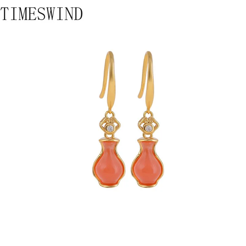 TIMESWIND Original Red Agate Ruyi Bamboo Leaf Vase S925 Silver Women Fashion Jewelry Earrings with Certificate
