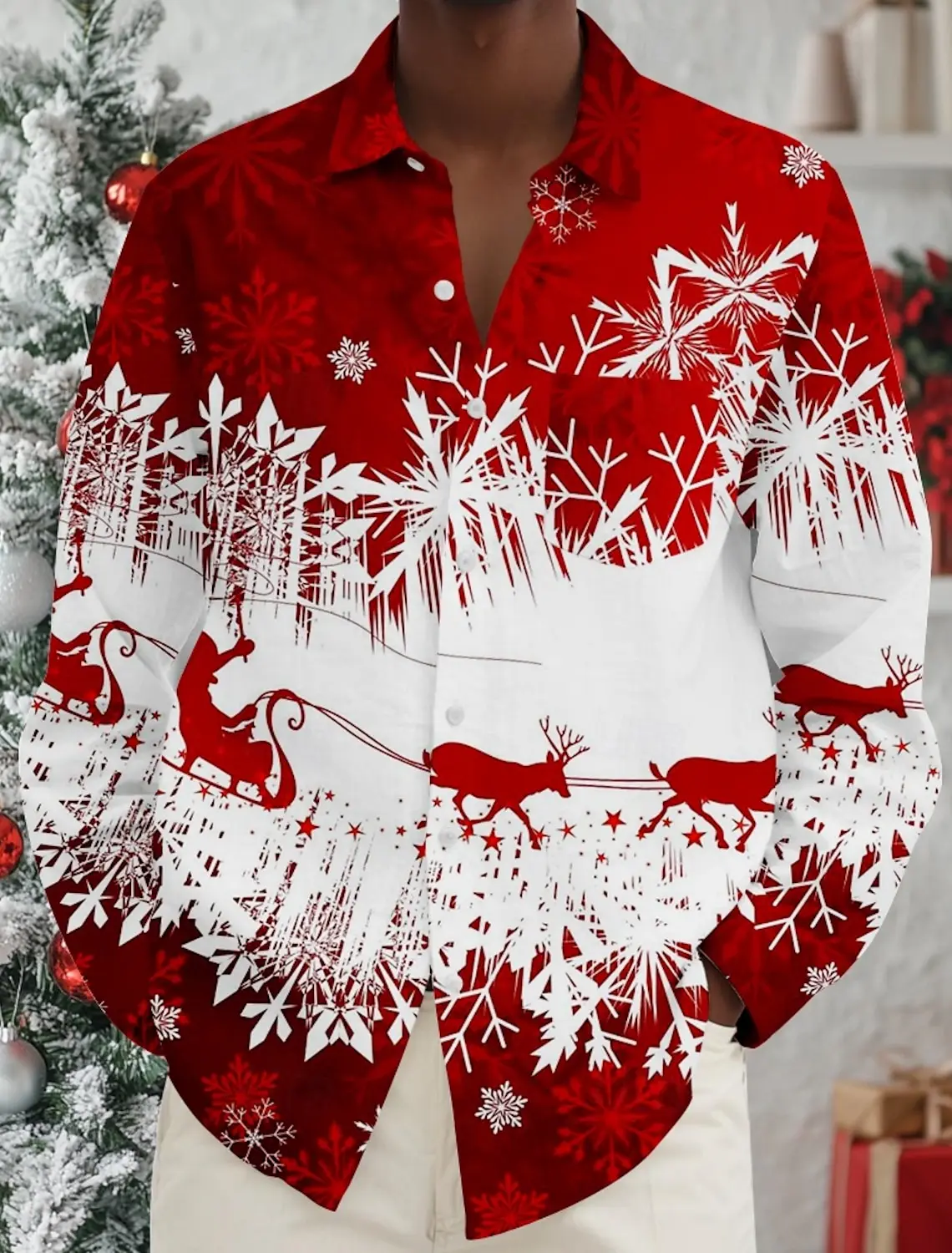 Christmas Theme Men's Santa Claus Motorcycle Printed Shirts Snowflake Vintage Graphics Button Up Long Sleeve Shirt Fashion Tops