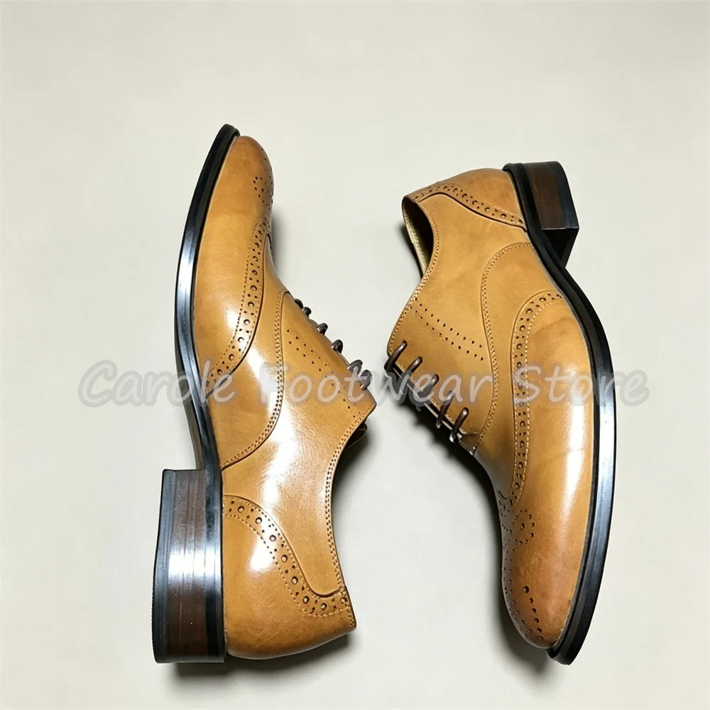 British Style Genuine Leather Brogue Oxford Shoes Male Pointed Toe Lace Up Chunky Heel Loafers Business Casual Party Dress Shoes