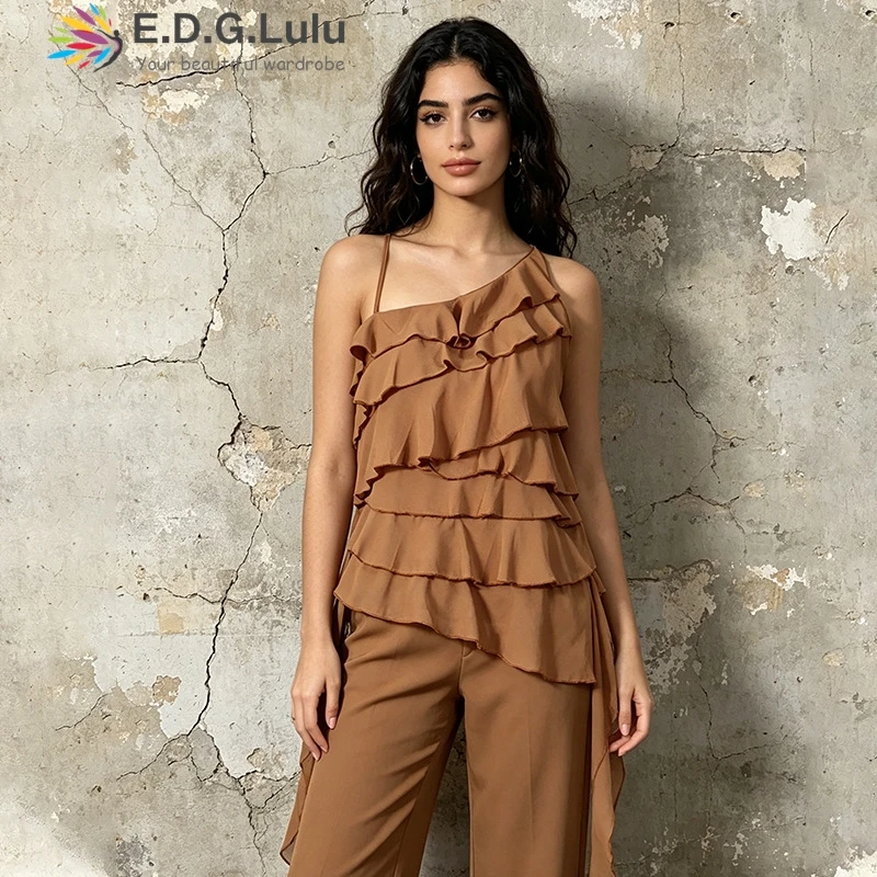 EDGLuLu 2026 Spring New Design Irregular Stacked Ruffle Edge Ribbon Top Leisure Sweet Asymmetric Collar Pink Camisole Top 0623