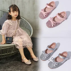 Kids Leather Shoe Spring Autumn Elegant Girls Party Shoes Fashion Sequins Bowtie Children Princess Shoes for Wedding Shallow