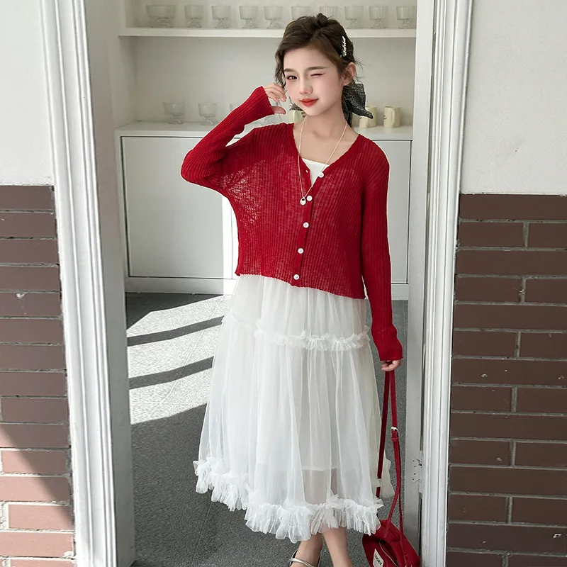 

2025 autumn kids girls two-piece suits children girls lace patchwork princess dress teenager girtls Single-breasted knitted coat