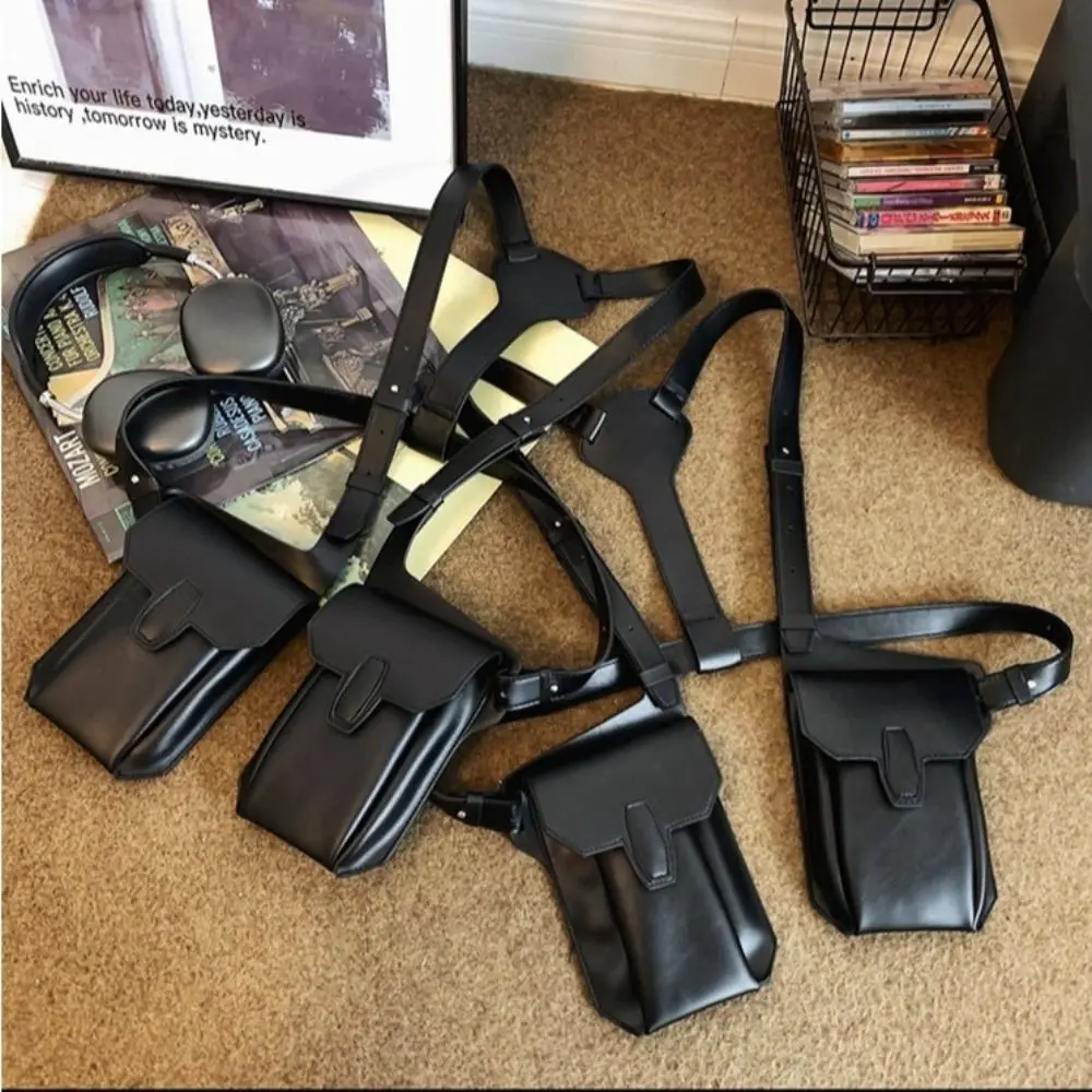 

Punk Style Hip Hop Clothing Chest Rig Bag Multi-function Storage Unisex Vest Backpack PU Leather Black Vest Bag for Men Women
