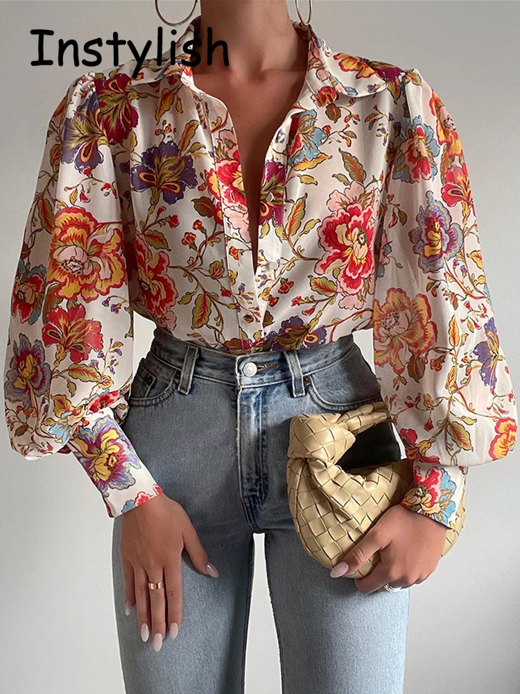 

Women Elegant Floral Print Puff Long Sleeve V Neck Blouse Spring Summer Office Button Luxury Shirt Vintage Oversized Tops Tunics