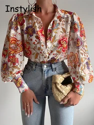 Women Elegant Floral Print Puff Long Sleeve V Neck Blouse Spring Summer Office Button Luxury Shirt Vintage Oversized Tops Tunics