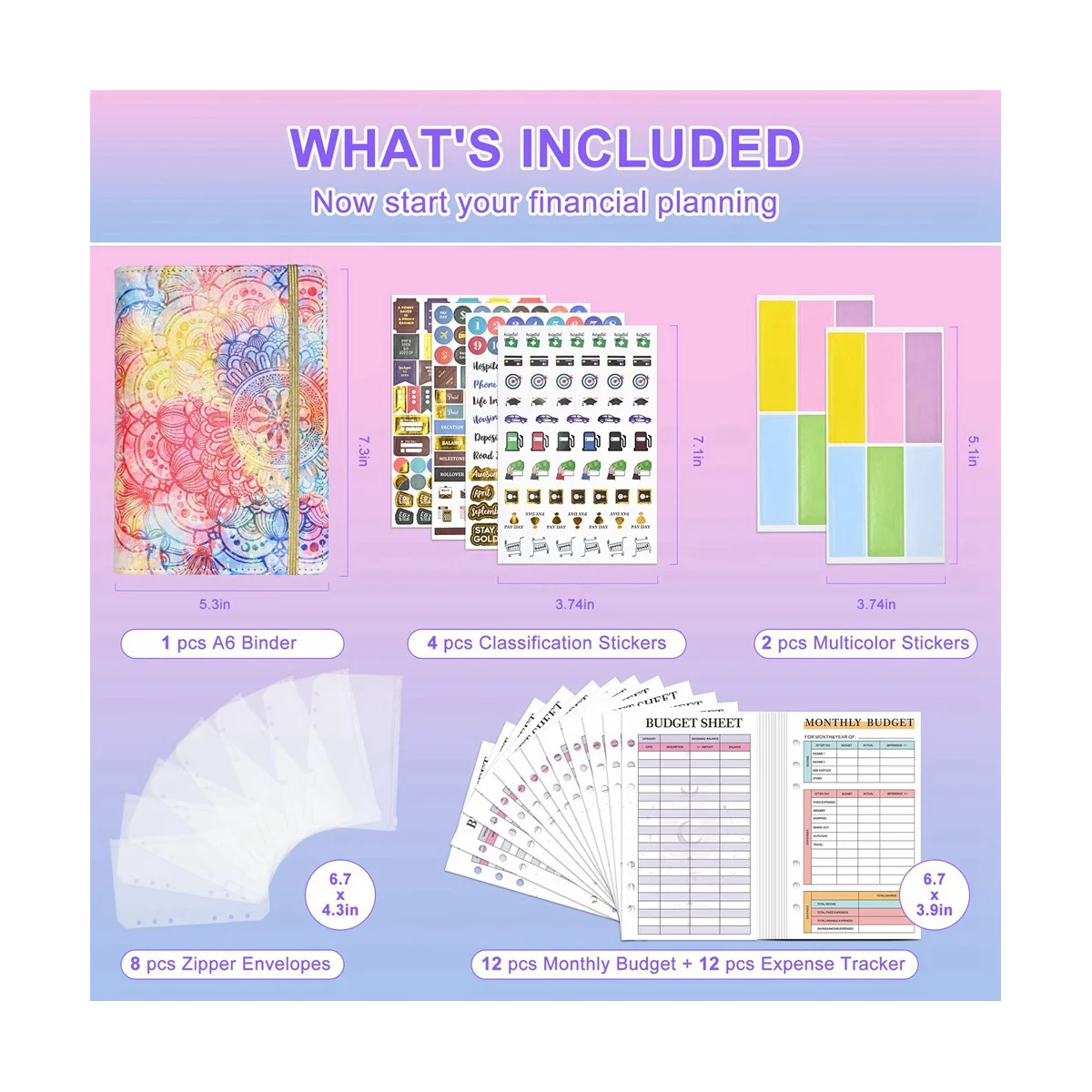 1Set A6 Budget Binder, Budget Binder With Zipper Envelopes,Money Planner Folder, Money Organizer for Cash, A6 Binder,C