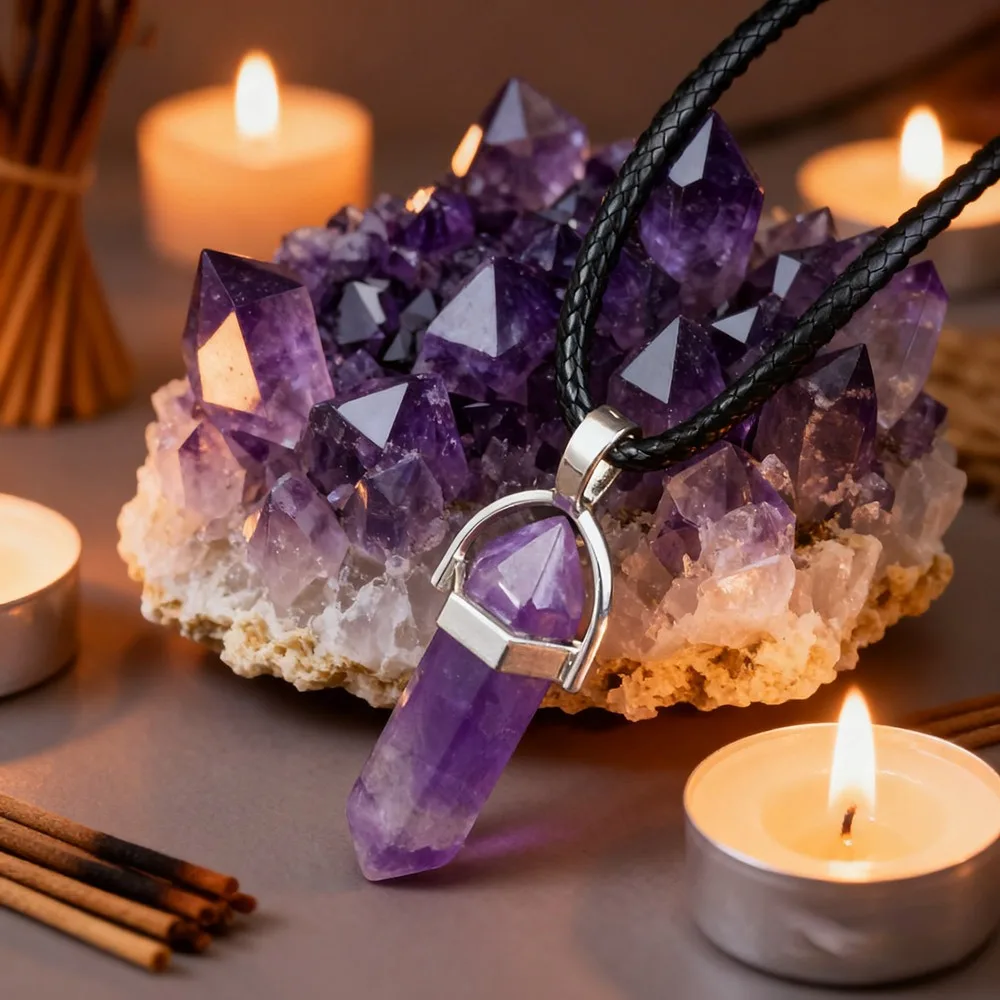 2pcs Amethyst Set: Amethyst Clusters + Necklace Exquisite Cave Clusters Suitable for Living Room/Bedroom Decoration