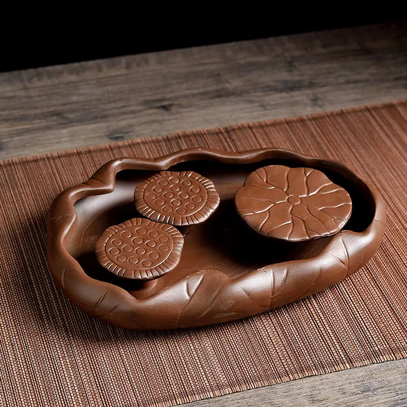 Kungfu Puer Tea Tray Rectangle Lotus Recruiting Wealth Black Tea Tray With Drainage Multifunctional Chinese Purple Sand Wooden