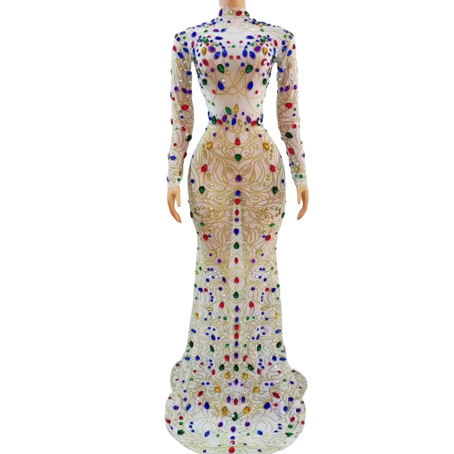 Jinchan Elegant White Mesh Gold Embossed Line Rhinestone Bodycon Long Dress High Neck Long Sleeve Gala Party Formal Gown