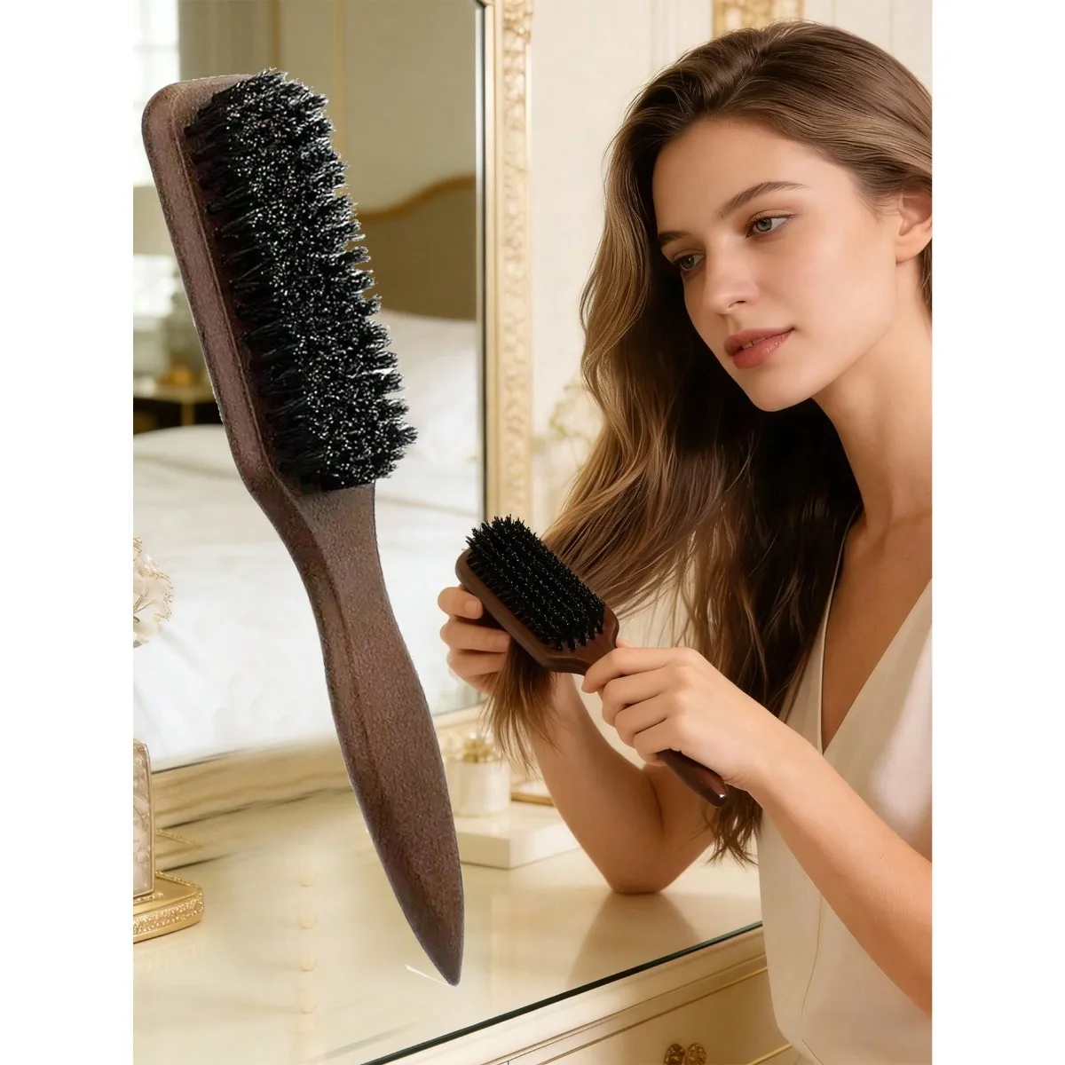 Cepillo de pelo de cerdas de jabalí de madera maciza, cepillo de peinado de cerdas naturales finas y densas, peine de madera lisa para el cuidado del cabello, control de bordes de cabello de bebé y peinado de barba