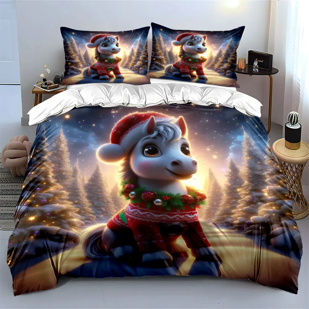 Little Pony dressed in Christmas attire in a snowy forest Print Duvet Cover Bedding Set Included 1*Duvet Cover 2*Pillowcases