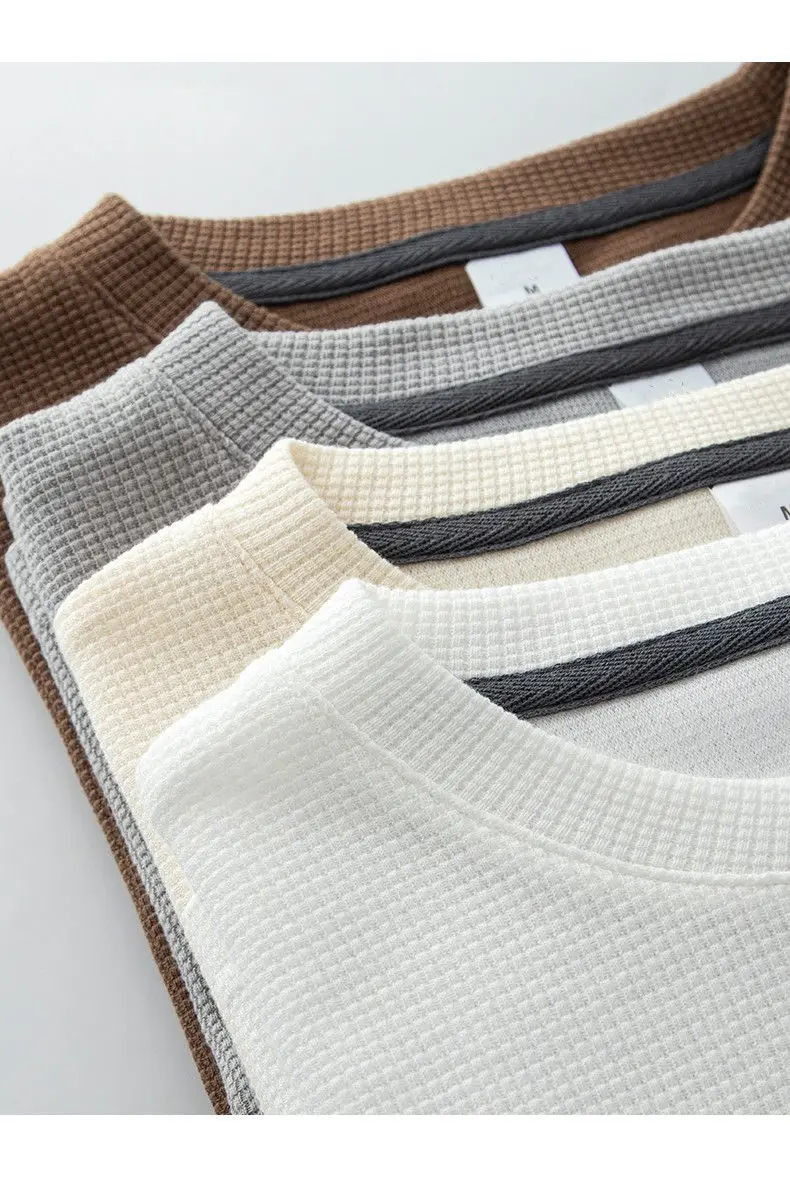 Waffel-Kurzarm-T-Shirt für Männer und Frauen, Sommer, japanisches Rundhals-Halbarm-Top, lockeres, lässiges, einfarbiges T-Shirt – Detail 2