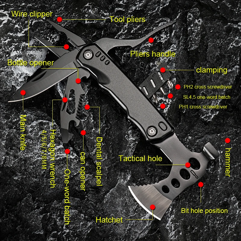 HANSHI 14 in 1 Pocket Multitool Axe with Sheath Survival Multi Function Tool with Plier Hatchet Hammer Knife for Outdoor Camping