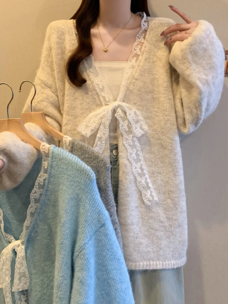 

Loose Long Sve Knitted Sweater Women's Spring Faion 2026 Lace Knot Slimming Outerwear Top V-ne Open Cardigan