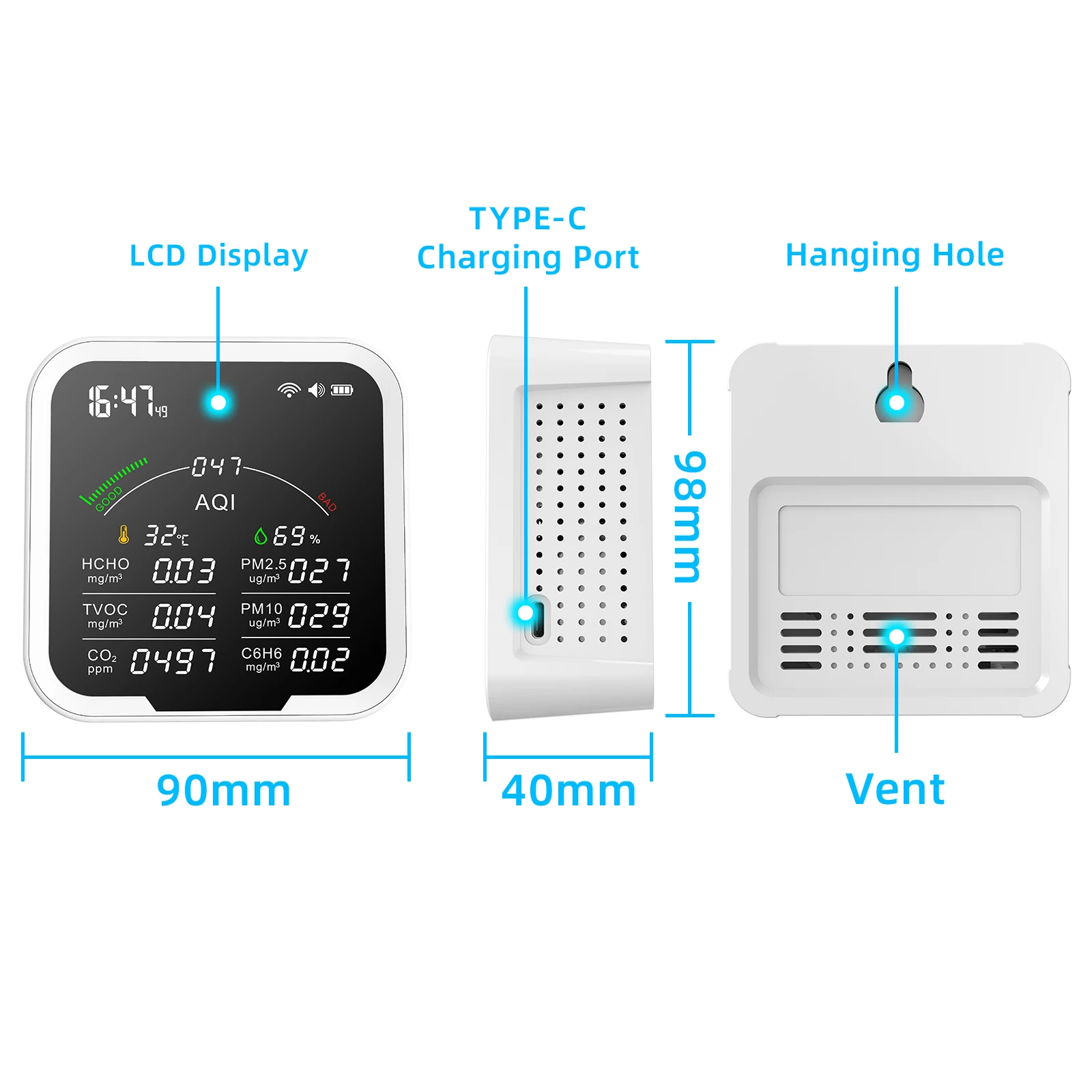 Tuya WIFI Multi-Function Monitor de Qualidade do Ar, Termohigrômetro, Alarme de Relógio e Detector de Gás, PM2.5,PM10,HCHO,C6H6,CO2 Sensor