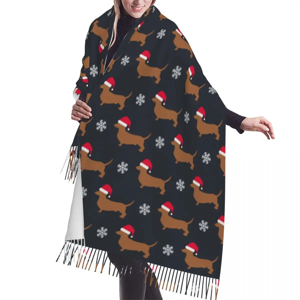 

Ladies Long Christmas Dachshund Dog Pattern Versatile Scarves Women Winter Thick Warm Tassel Shawl Wraps Holiday Pets Gift Scarf