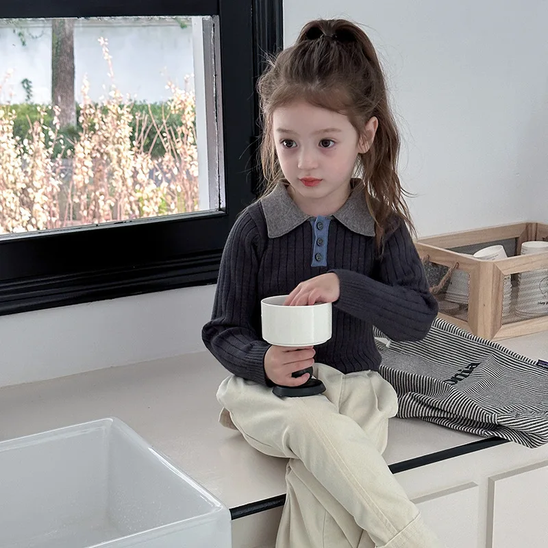 Girls and Babies Wearing Sweaters Outside Children Korean Slim Fit Turn-down Collar Contrasting Color Knitted Sweater Top