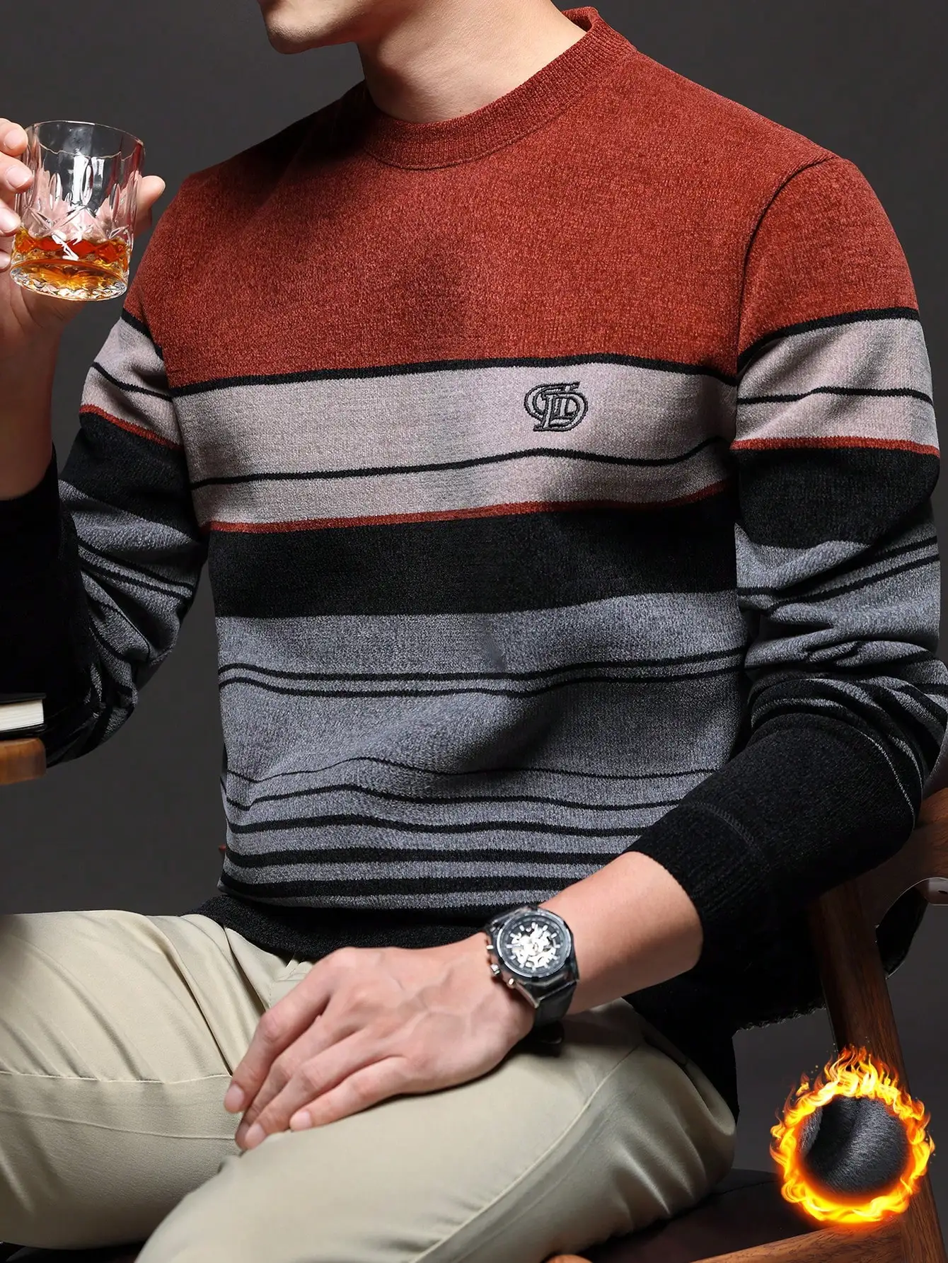 

Мужской зимний толстый полосатый вязаный свитер с вышитым логотипом, теплый повседневный пуловер