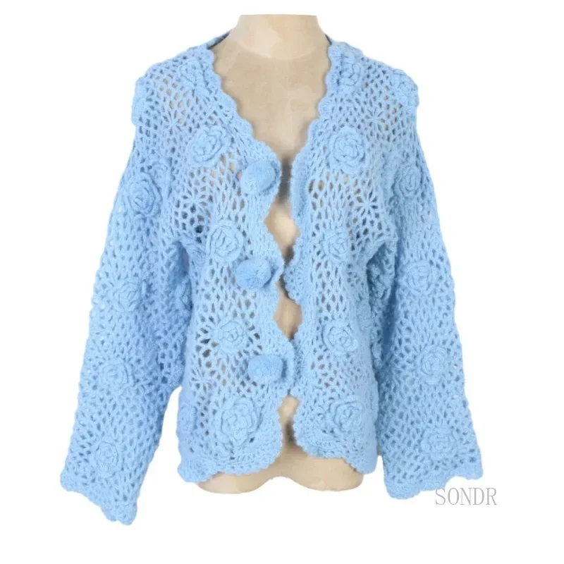 Rose Crochet Hollow Out Cardigan Early Spring Long Sleeve Tops Open Stitch Sweater Knitted Cardigan Women Sueters De Mujer