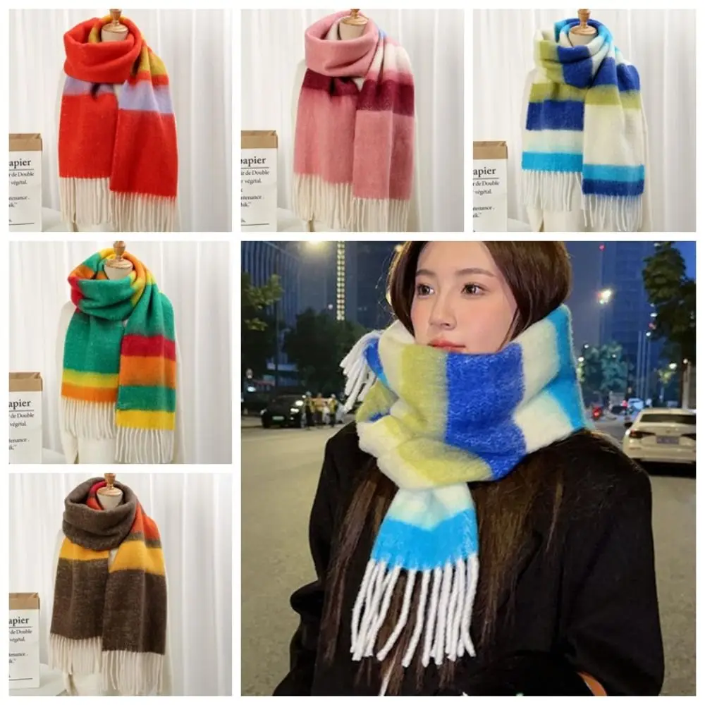 

Soft Colorful Stripe Mohair Shawl Korean Style Coldproof Long Tassel Scarf Keep Warm Neckerchief Winter Wool Scarves Girls