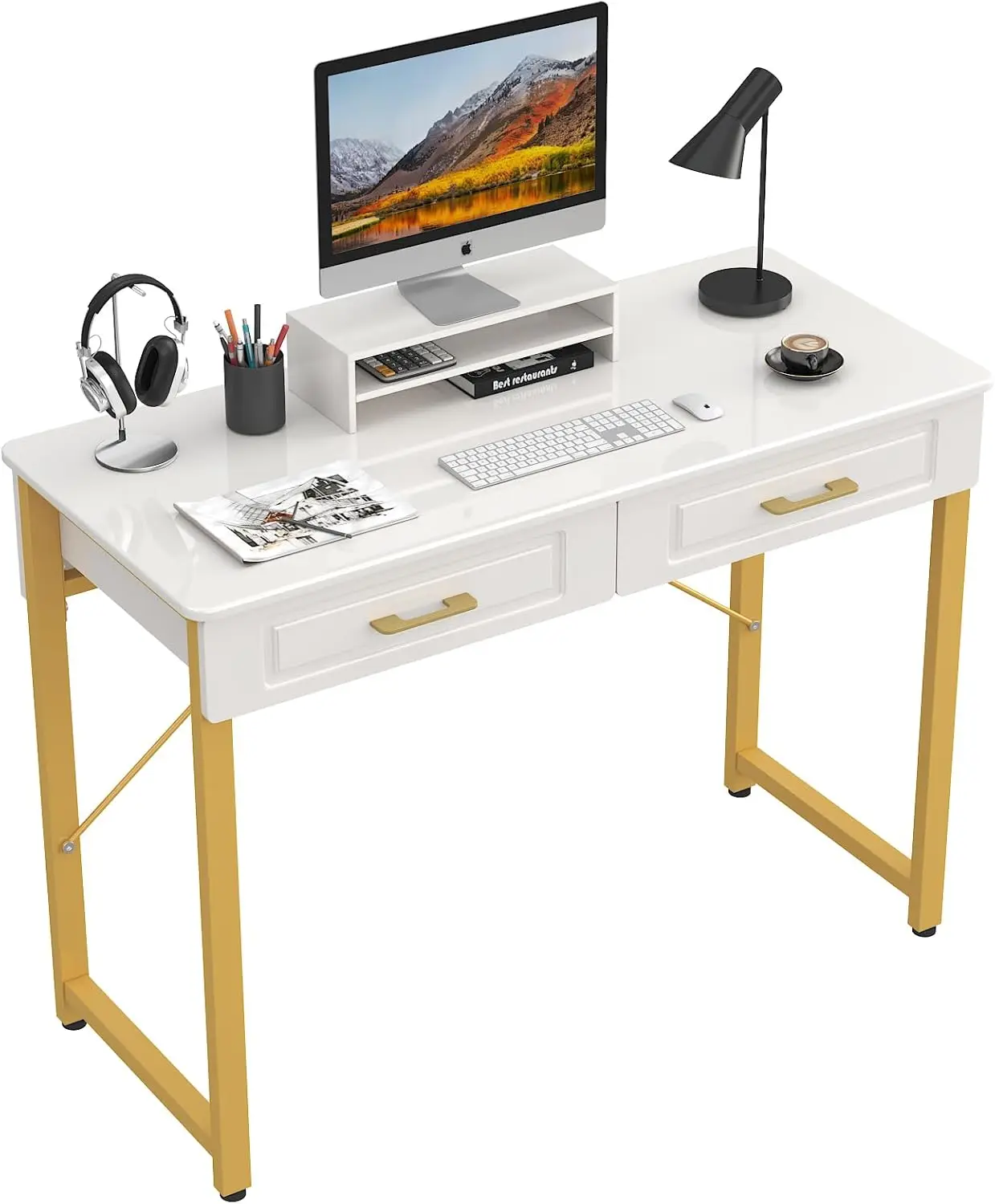 

Modern Makeup Vanity Desk with Glossy Desktop,Bedroom Home Office Writing Desk with Drawers, Storage Shelf, Gold Metal Frame