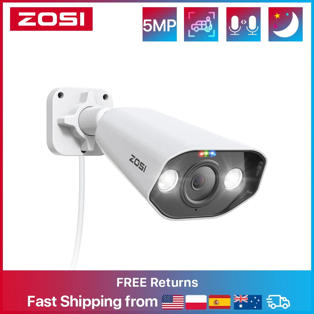 ZOSI 5MP IP Camera Outdoor PoE Security Camera Two Way Audio HDR Color Night Vision Home CCTV  Video Surveillance Camera