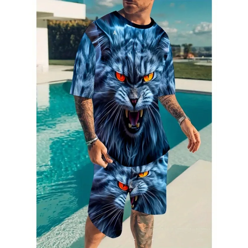 Fashion Comfortable Lion Graphic Print Short Sleeve Top Shorts Set Oversized Loose Men's Summer T-shirt and Shorts 2-piece Set