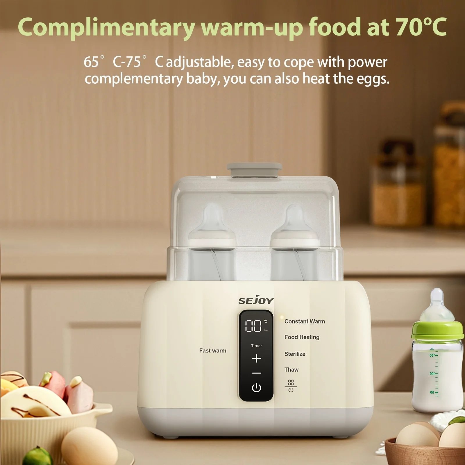 Sejoy Baby Bottle Warmer Fast Warm with LCD Display Double Bottle Steam Sterilizer 24H Temperature Control Breastmilk Formula