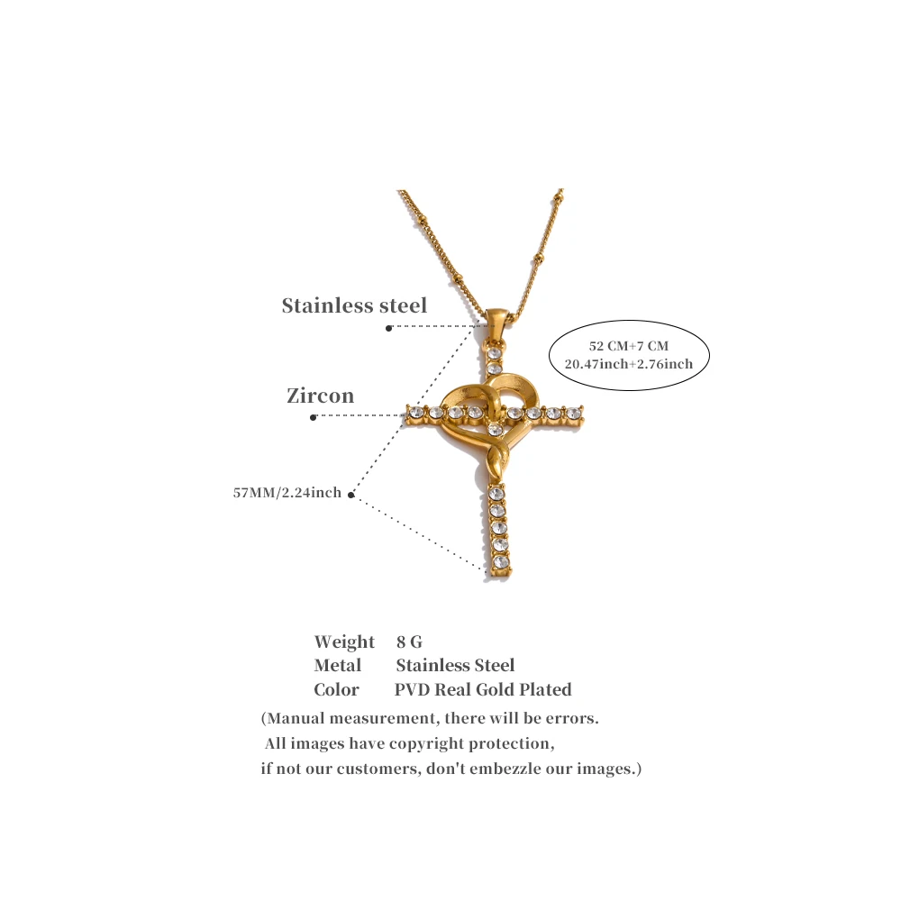 Yhpup Stainless Steel Cubic Zirconia Cross Heart Pendant Necklace for Men Women 18K PVD Plated Fashion Unisex Lovers Jewelry
