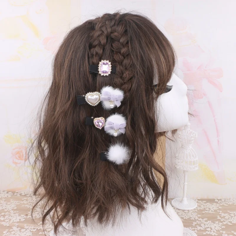 Lot de 4 pinces à cheveux Harajuku en fourrure, joli petit nœud, 4 pièces, strass, velours, mode Loria Lolita Y2K, pinces à cheveux pour filles