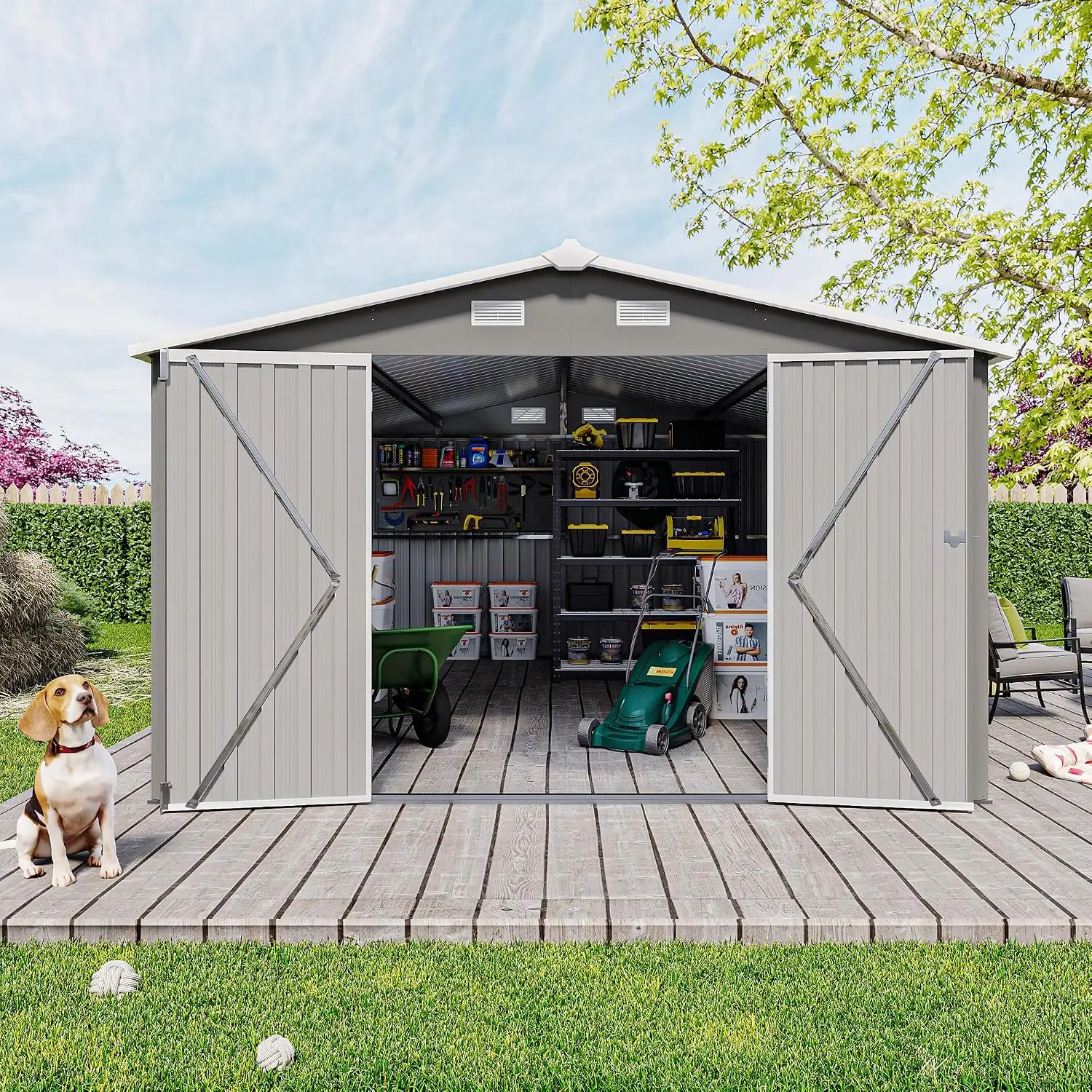 10x14 FT Outdoor Storage Shed Metal Building Side Door 3 Lockable Doors 4 Vents Waterproof Backyard Patio Gray, Customized