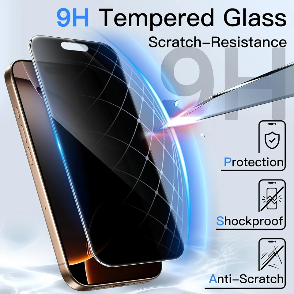 NNBILI 2 piezas protector de pantalla de vidrio templado de privacidad 360 grados, para iPhone 17 Pro Max 16 15 14 13 12 11 Pro 17e 3