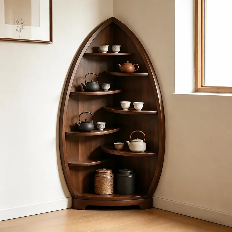 New Chinese Style Black Walnut Solid Wood Corner Cabinet Tea Set Storage Display Shelf Song Dynasty Aesthetic Light Luxury